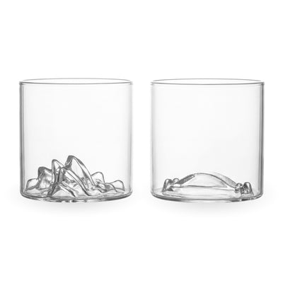 Pair of old fashioned glasses, one with the Sydney Opera House sails and one with the Harbour Bridge sculpted into the base